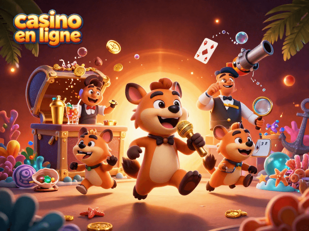 Vivez l'expérience d'un casino en ligne animé avec des hyènes au bar et sur scène, entourées de trésors.