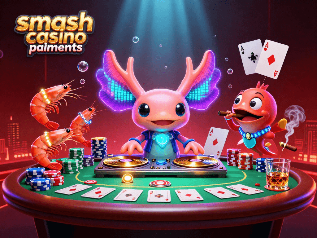 Les paiements Smash Casino, un DJ axolotl animé et des crevettes dans une scène de poker dynamique.