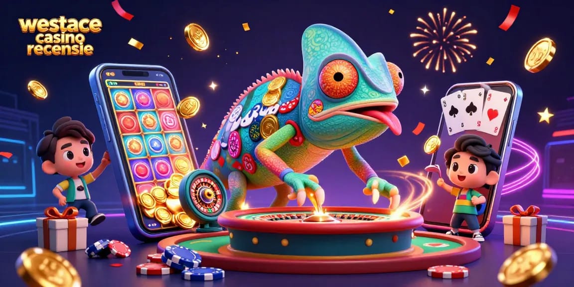 Westace casino recensie met een dynamische chameleon eigenaar en kleurrijke speelelementen.