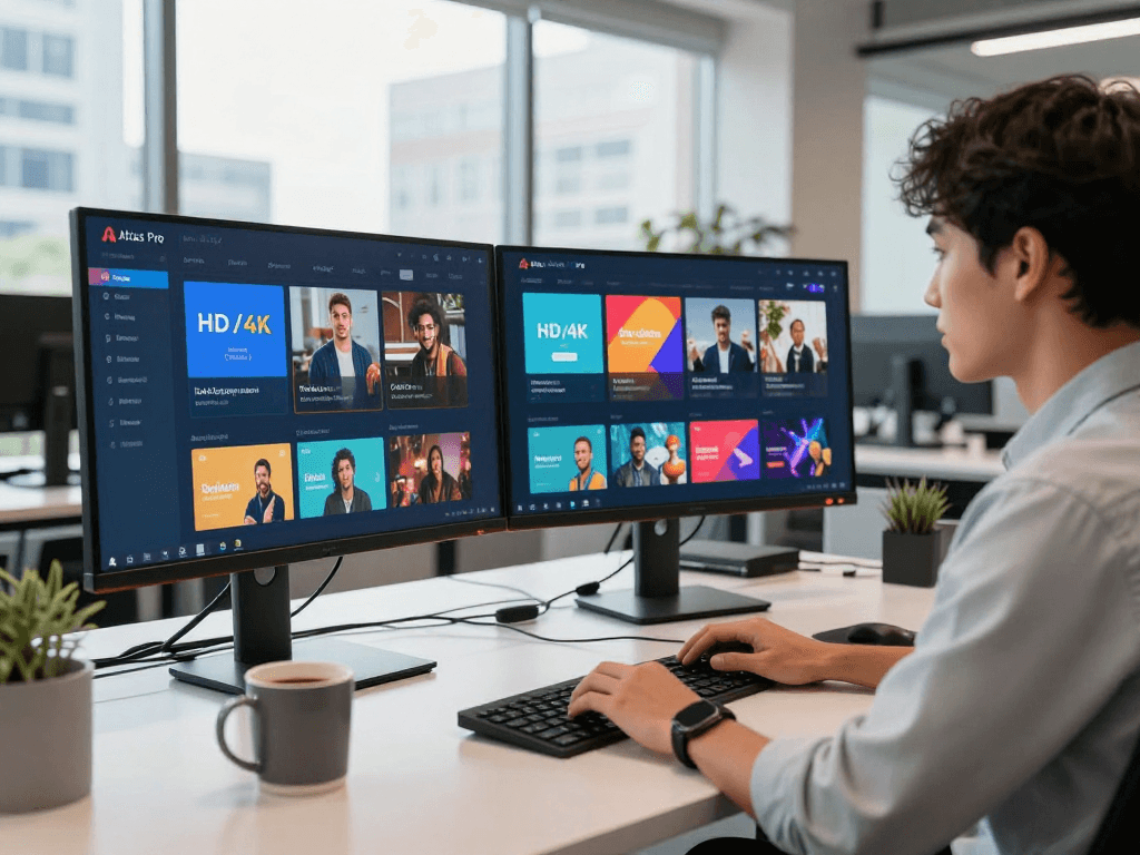 Interface d'Atlas Pro IPTV en qualité HD sur un écran d'ordinateur dans un bureau moderne.