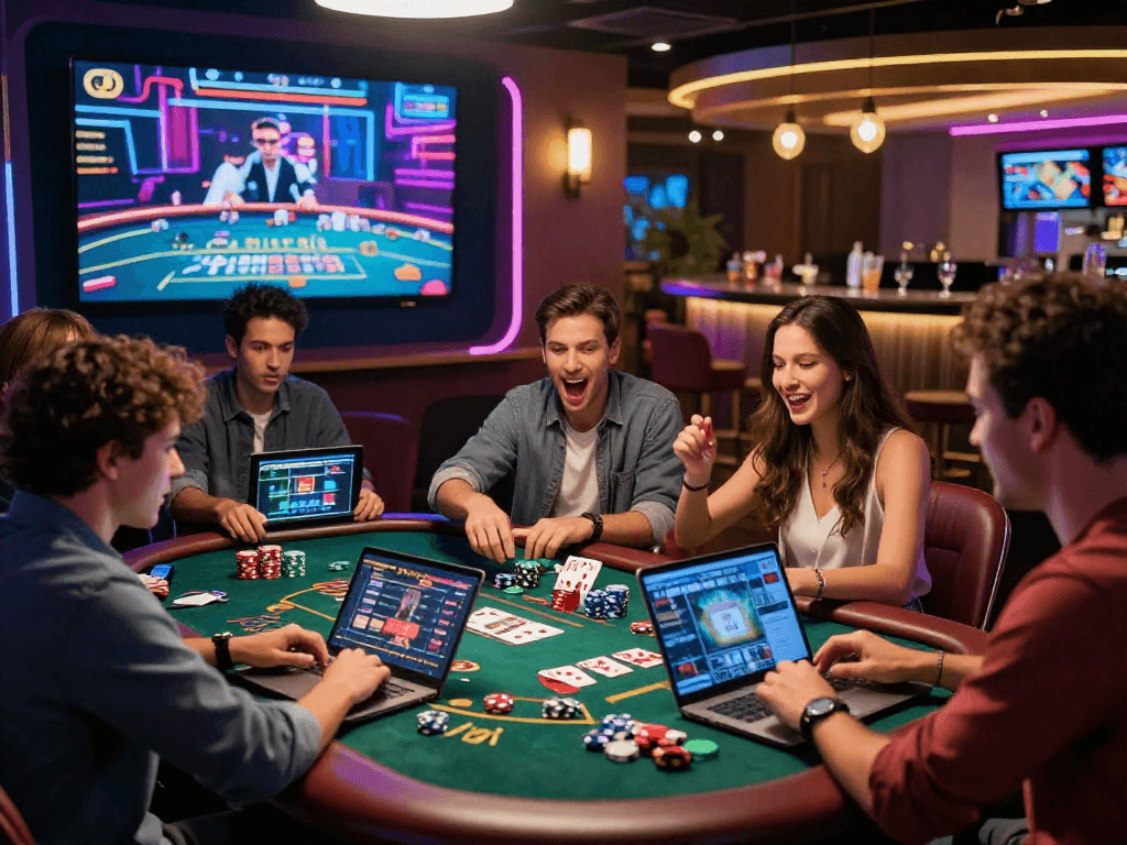 Scène de casino en ligne avec des joueurs engagés autour d'une table de jeux, illustrant une expérience dynamique de casino en ligne.
