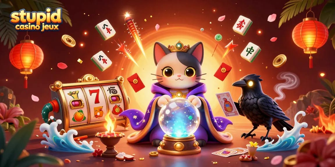 Découvrez les jeux Stupid Casino avec cette illustration où un chat mystique et un corbeau offrent une vision magique.